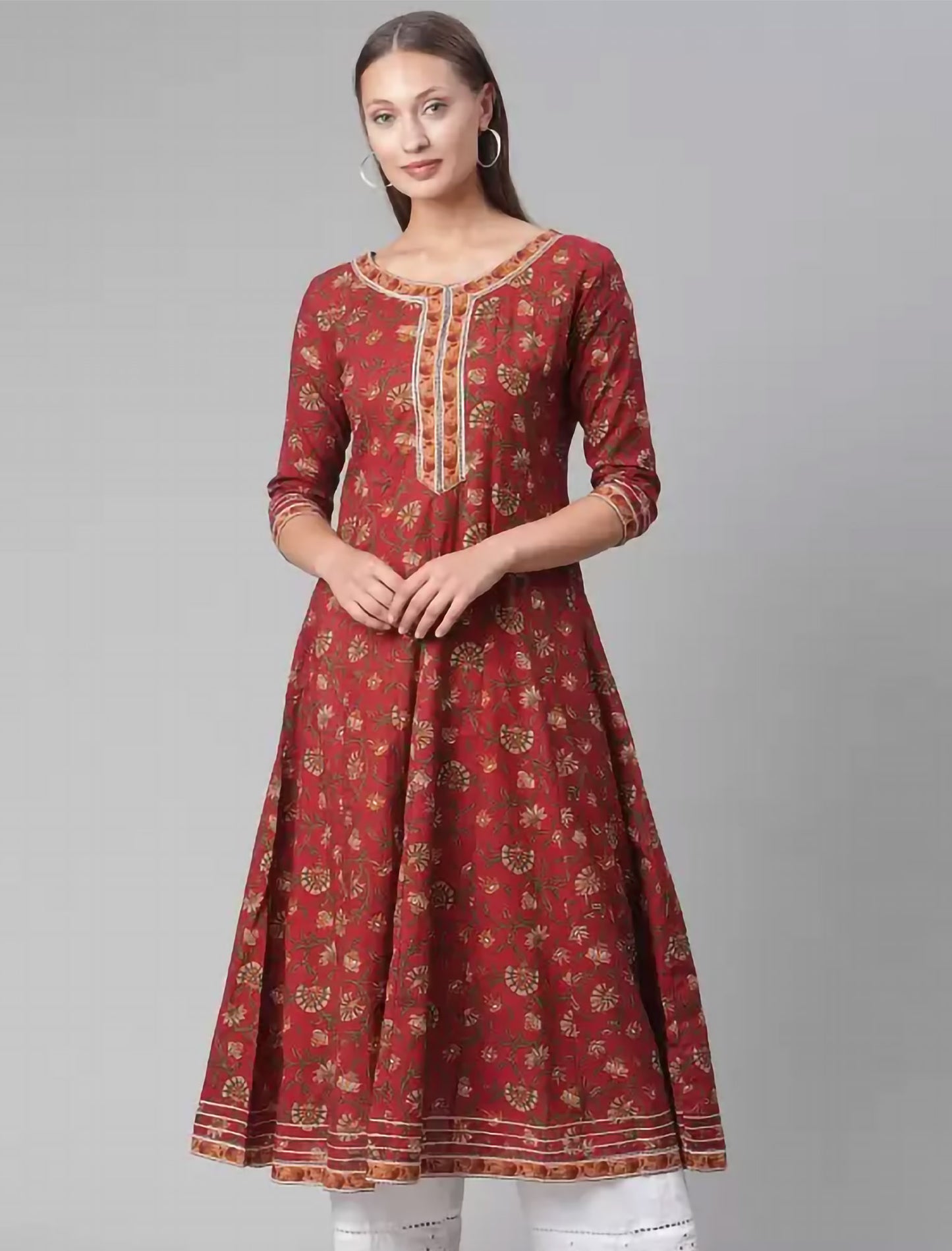 Maroon & Mustard Yellow Floral Printed Floral Anarkali Divena Kurta For Women