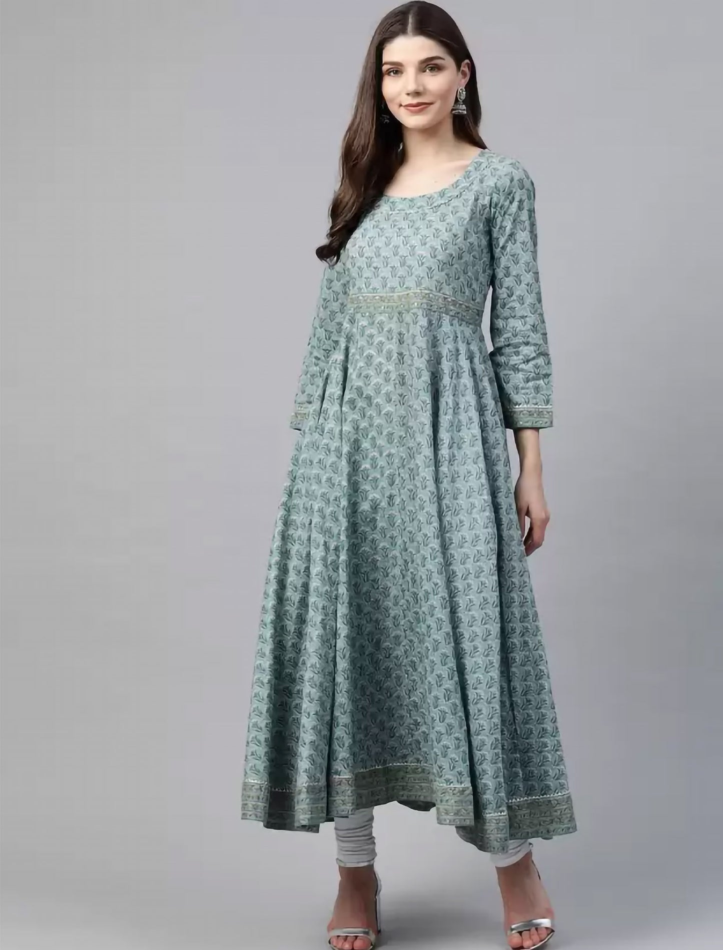 Blue Cotton Sequins Ethnic Motifs Printed Anarkali Divena Kurta For Women