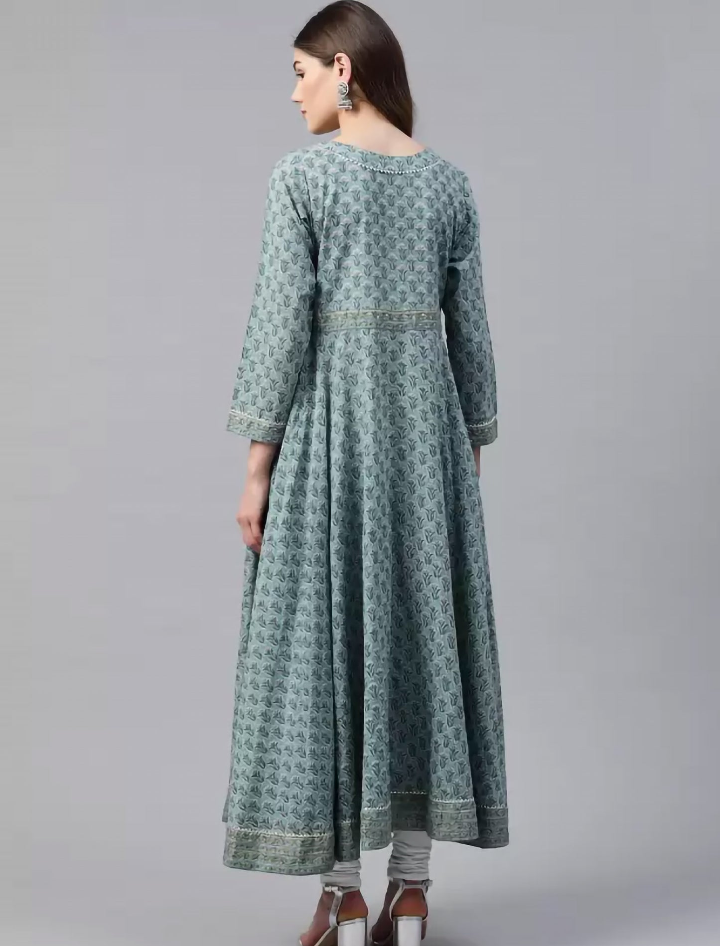 Blue Cotton Sequins Ethnic Motifs Printed Anarkali Divena Kurta For Women