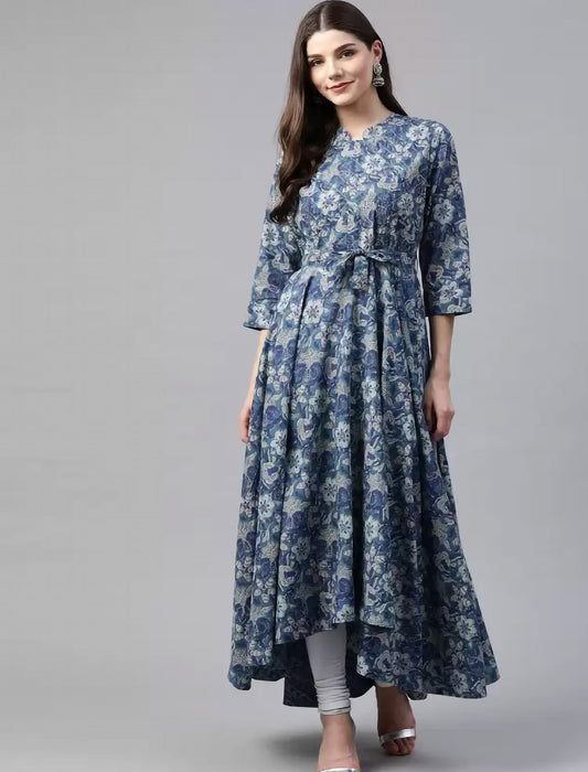 Blue & Beige Ethnic Motifs Print Pure Cotton Anarkali Divena Kurta For Women