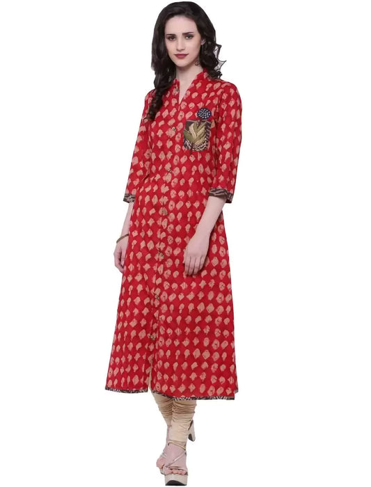 Red Embroidered Cotton Blend A-line Divena Kurta For Women