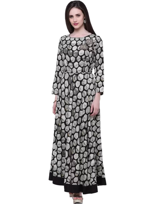 Black & Grey Printed Viscose Rayon Flared Divena Kurta For Women