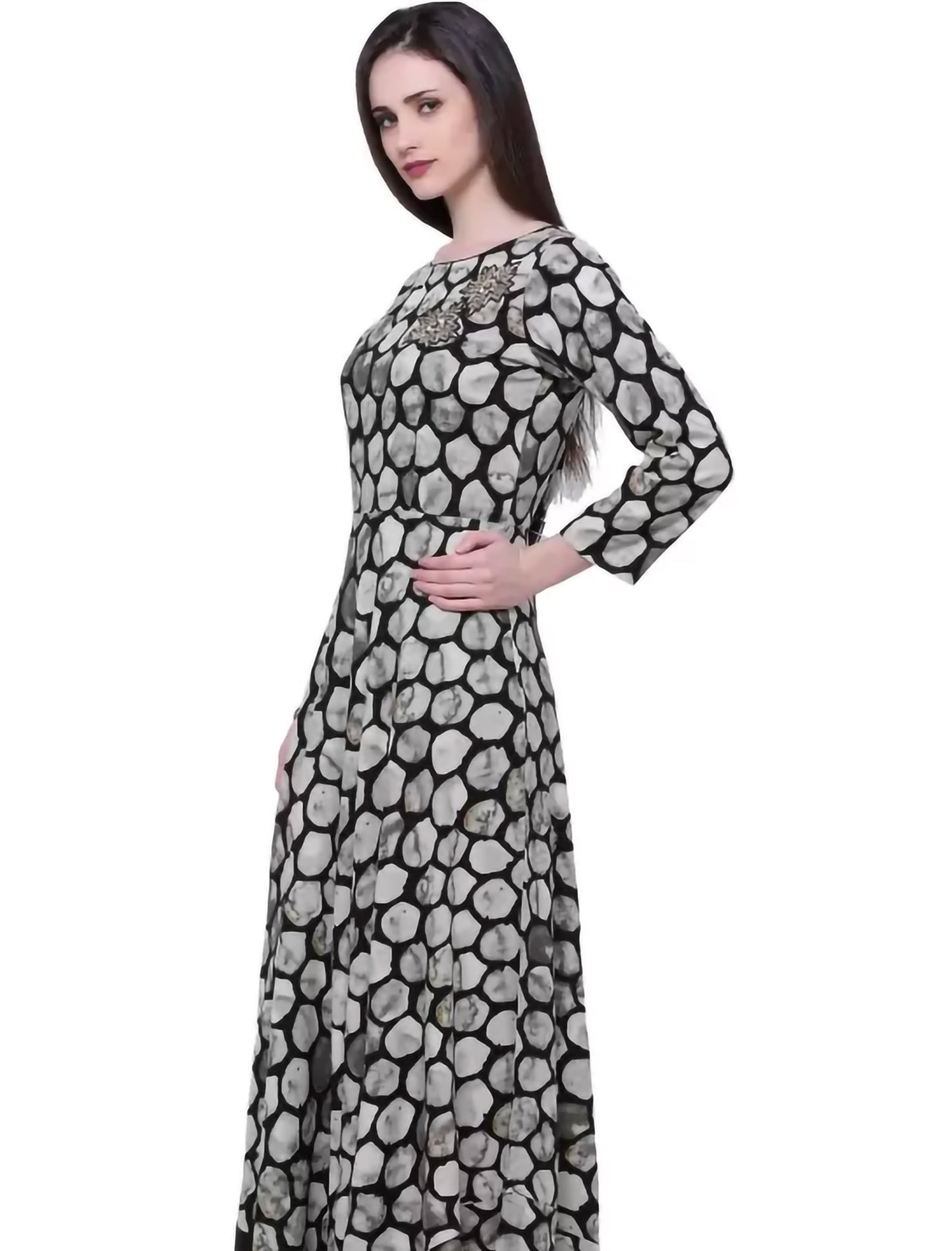 Black & Grey Printed Viscose Rayon Flared Divena Kurta For Women