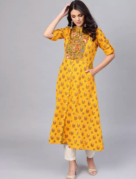 Yellow Printed Cotton Blend Frontslit Divena Kurta For Women