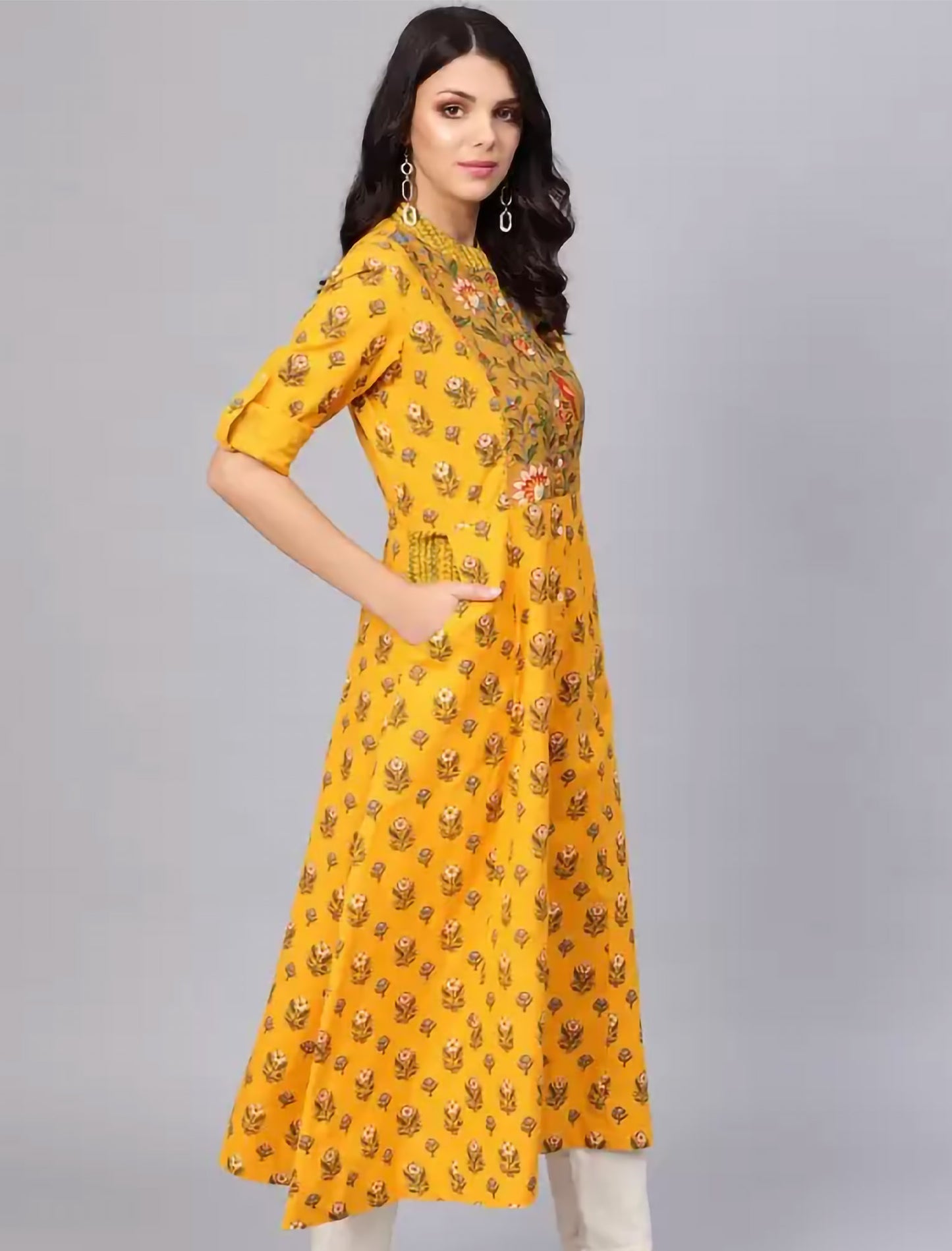 Yellow Printed Cotton Blend Frontslit Divena Kurta For Women