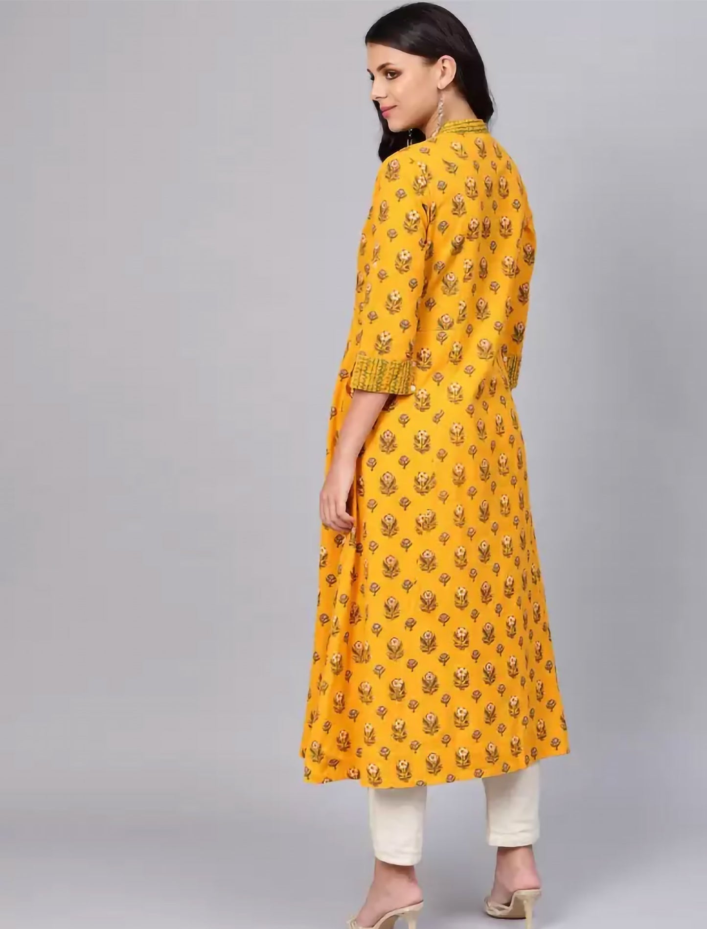 Yellow Printed Cotton Blend Frontslit Divena Kurta For Women