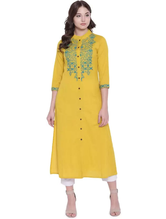 Mustard Yellow & Green Yoke Design A-Line Divena Kurta For Women