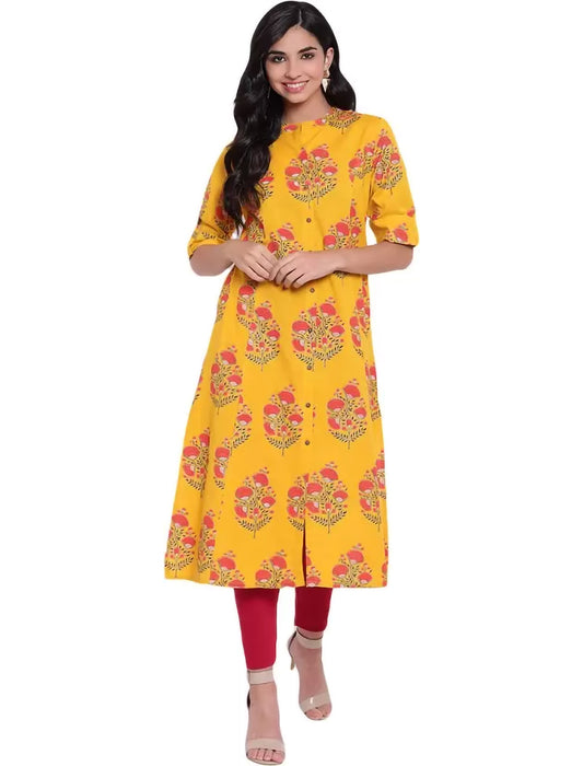 Mustard Yellow Printed Khadi Cotton A-line Divena Kurta For Women