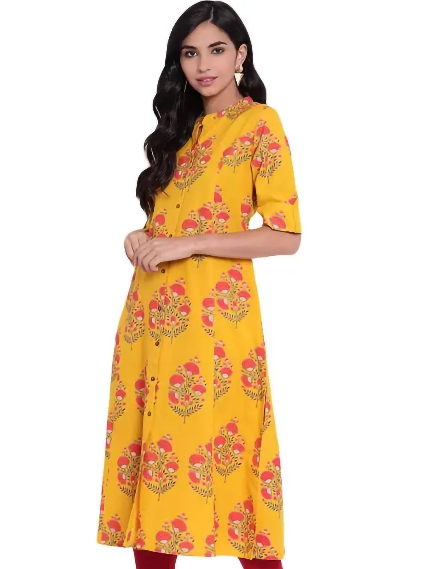 Mustard Yellow Printed Khadi Cotton A-line Divena Kurta For Women