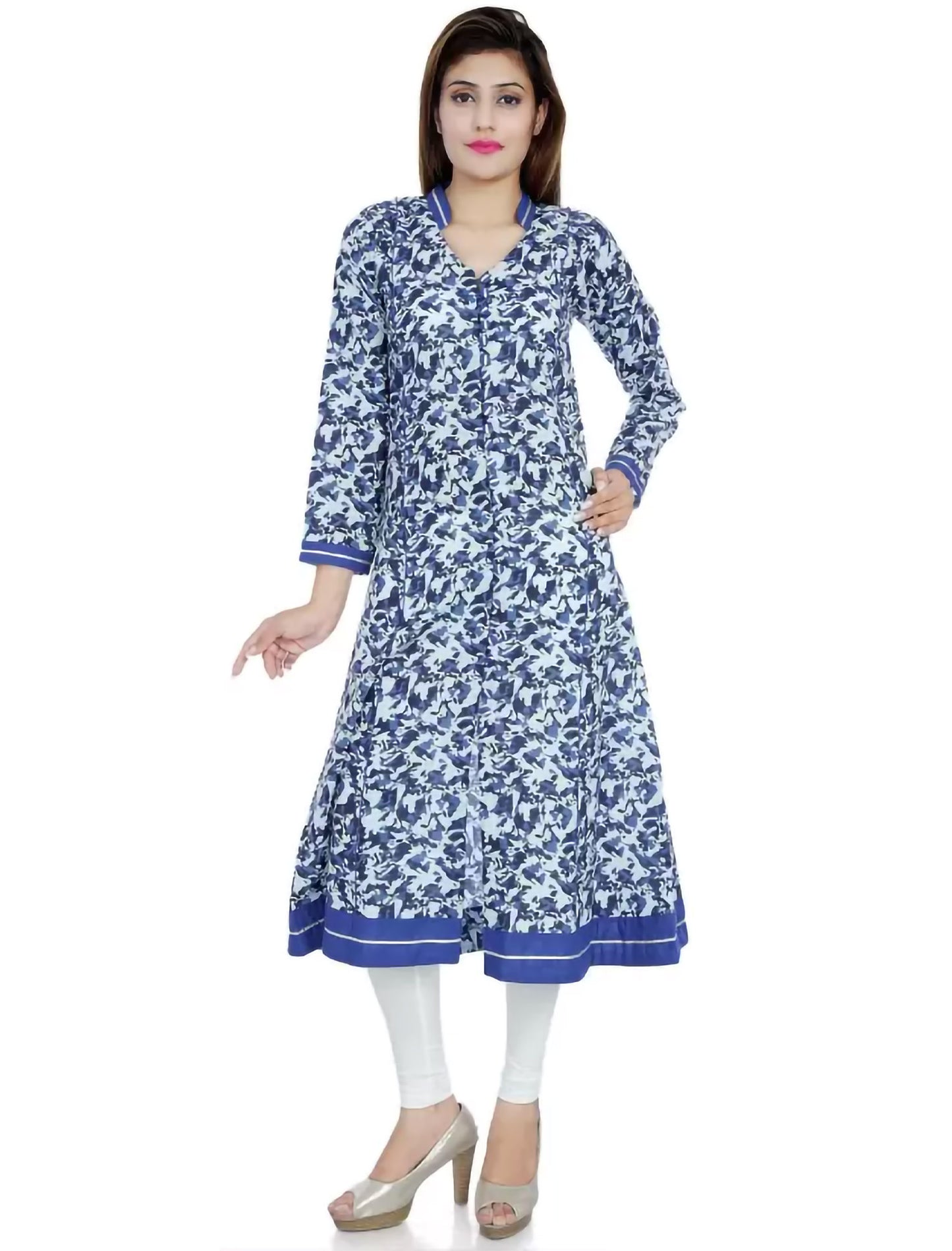 White & Blue Printed Cotton Blend A-line Divena Kurta For Women