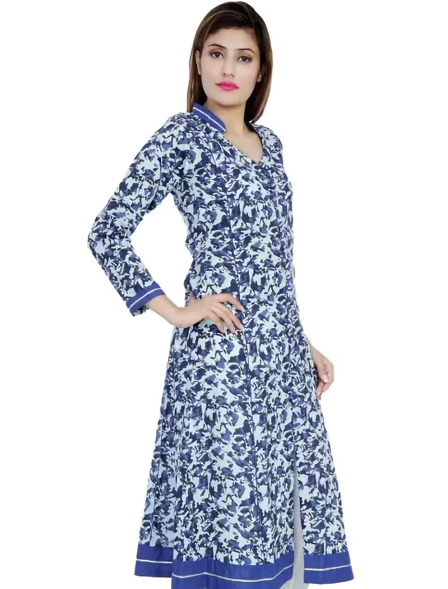 White & Blue Printed Cotton Blend A-line Divena Kurta For Women