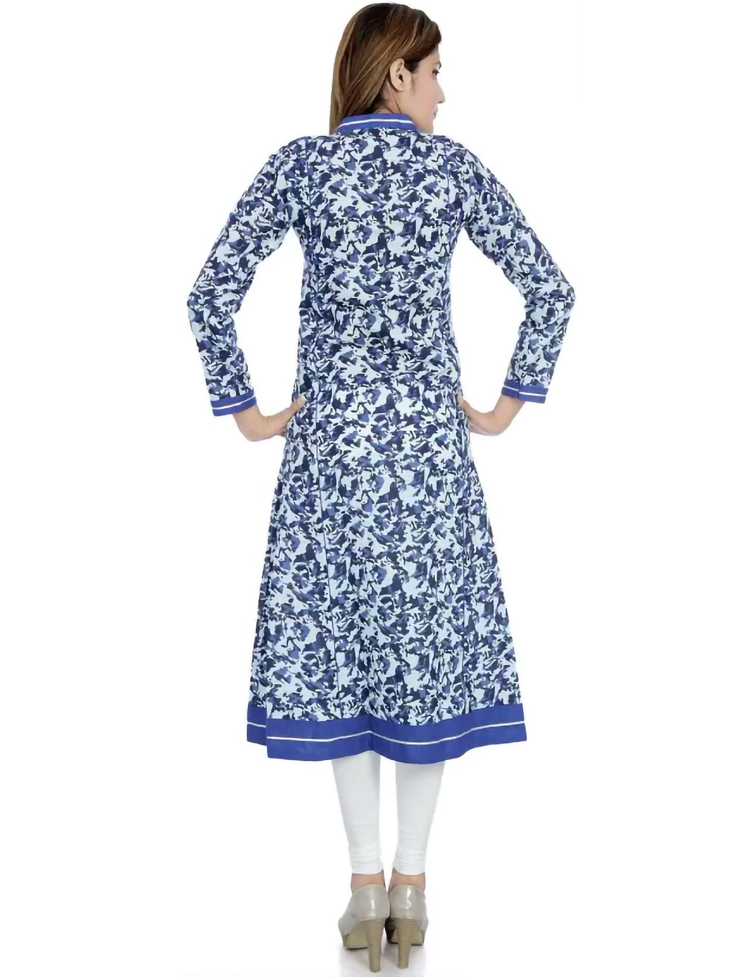 White & Blue Printed Cotton Blend A-line Divena Kurta For Women