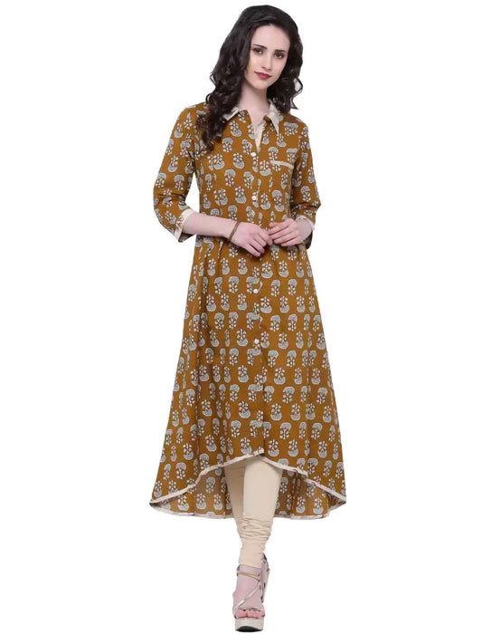 Brown Printed Cotton Blend Front Slit Divena Kurta For Women