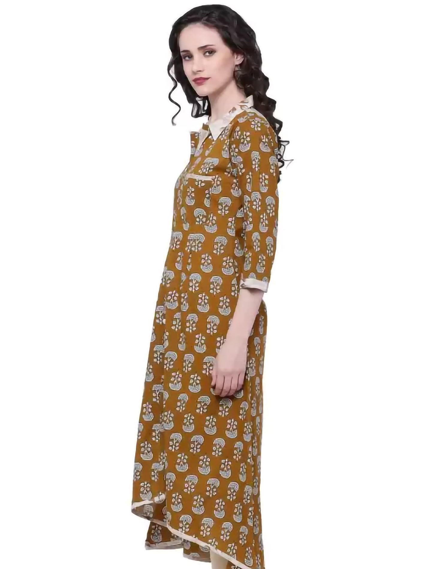 Brown Printed Cotton Blend Front Slit Divena Kurta For Women