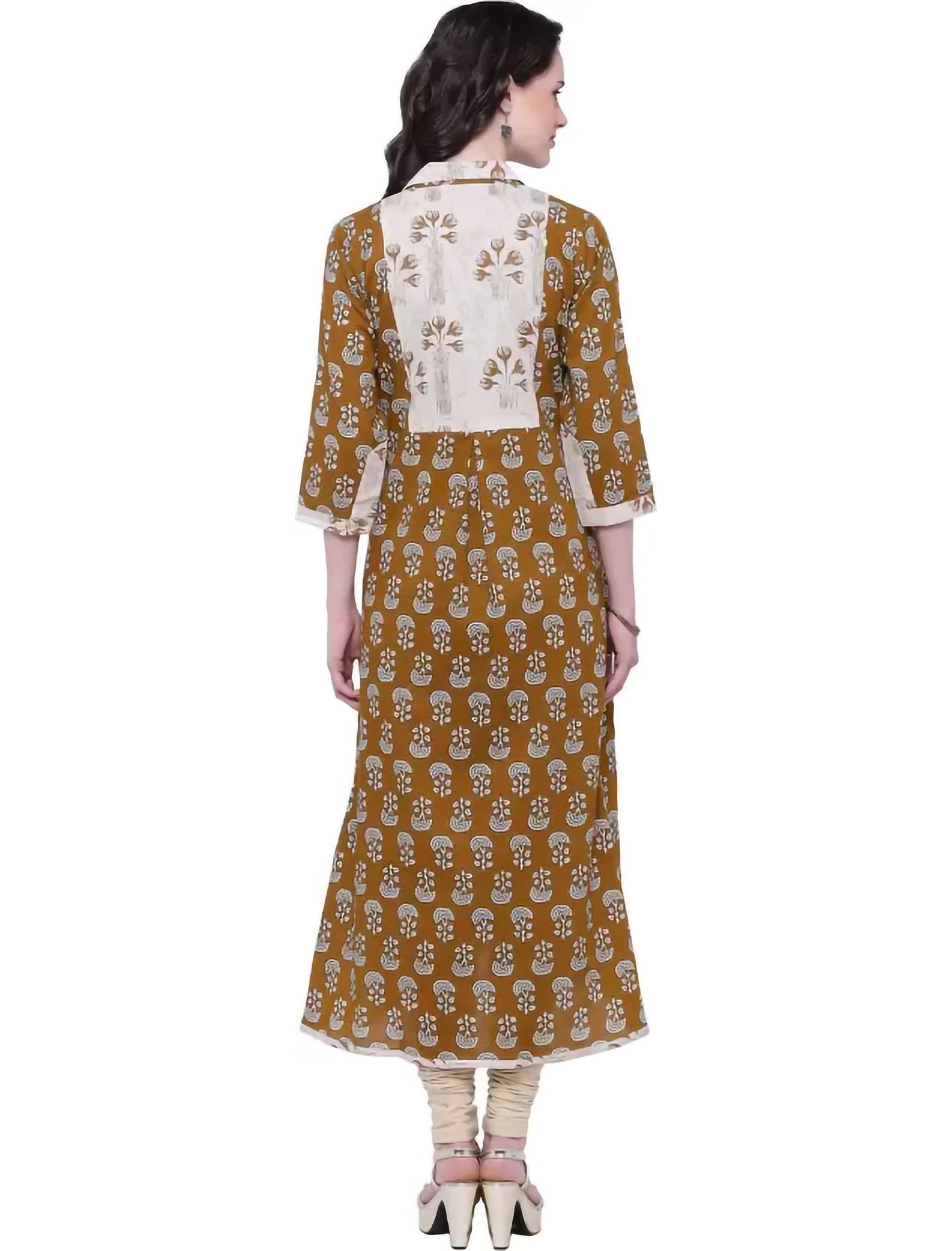 Brown Printed Cotton Blend Front Slit Divena Kurta For Women