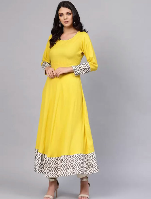 Yellow Chevron Printed Anarkali Divena Kurta For Women