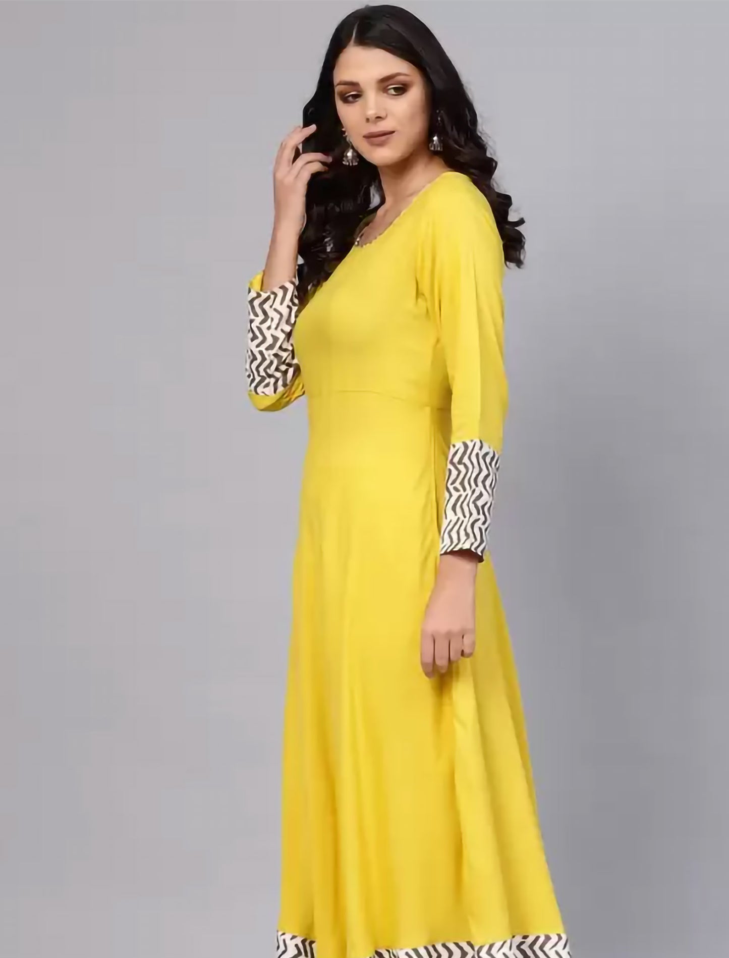 Yellow Chevron Printed Anarkali Divena Kurta For Women