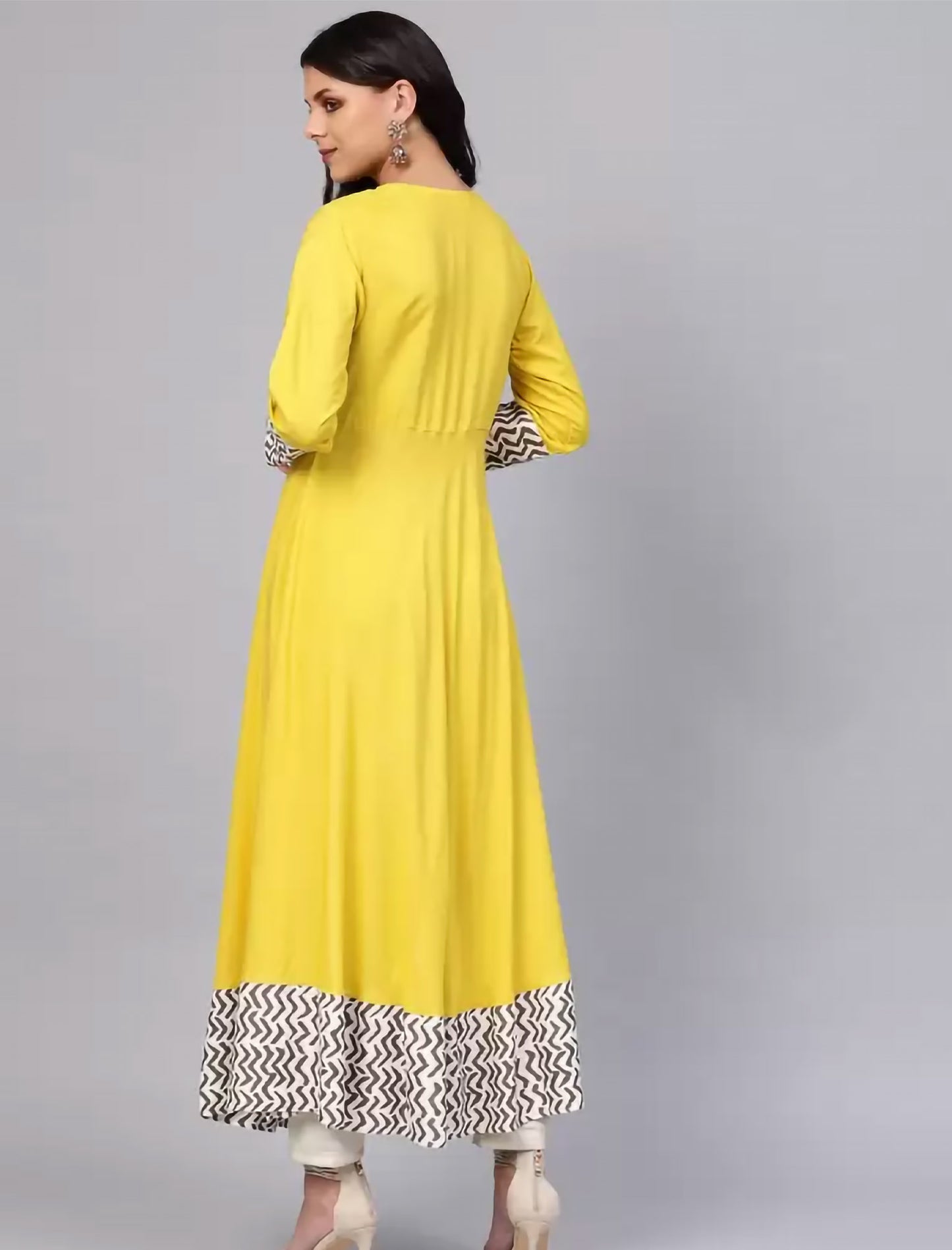 Yellow Chevron Printed Anarkali Divena Kurta For Women