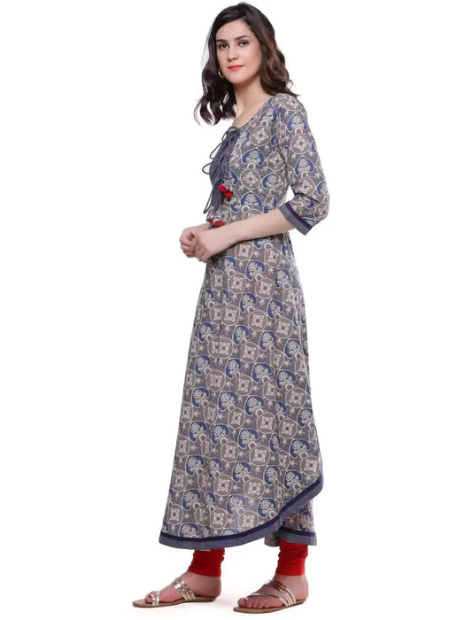 Blue & Grey Ethnic Motifs Printed Cotton Divena Kurta For Women