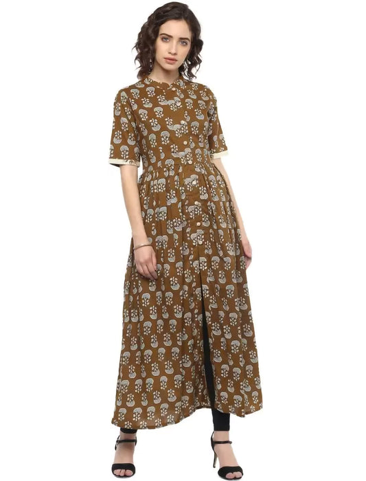 Brown Printed Cotton Blend A-line Divena Kurta For Women