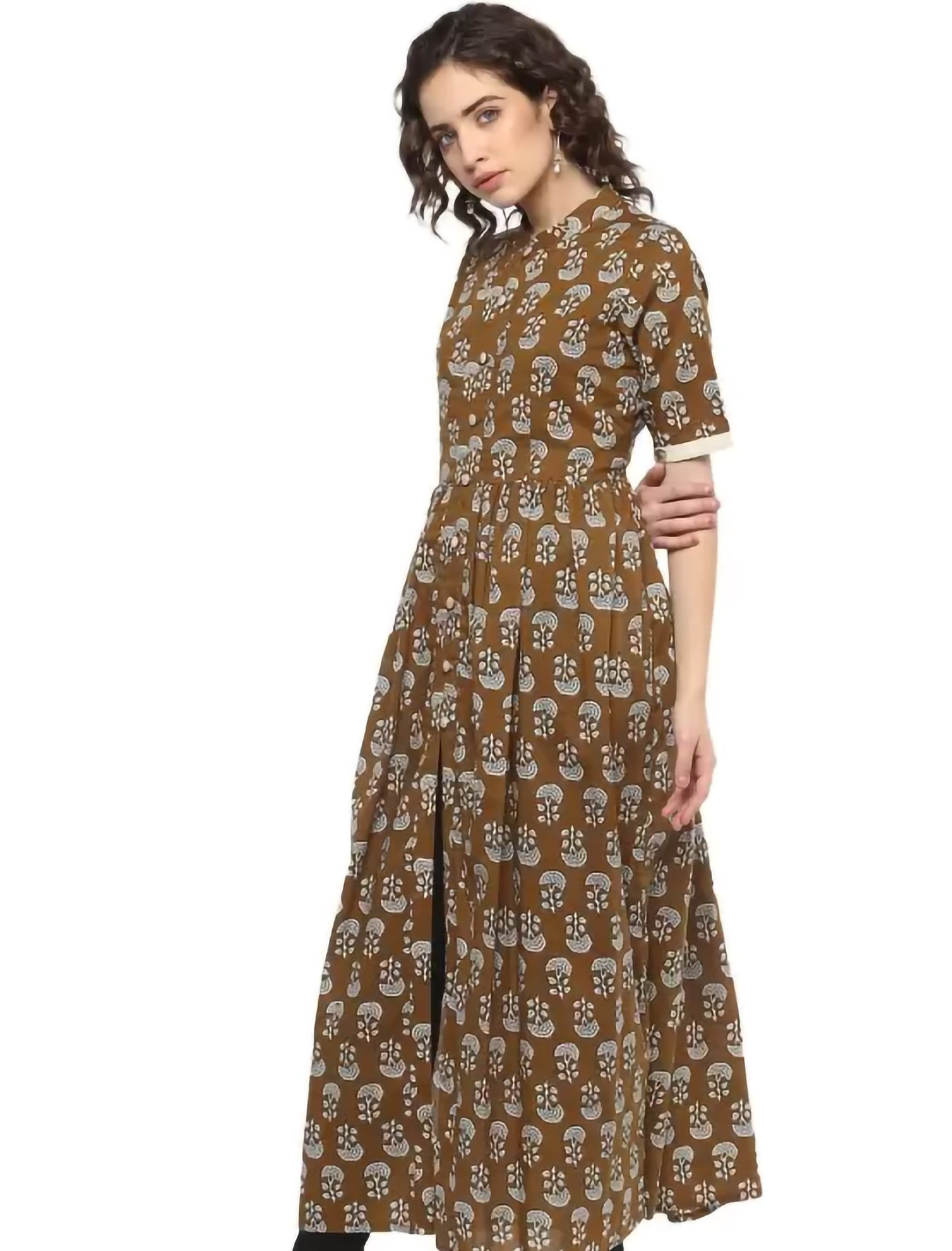 Brown Printed Cotton Blend A-line Divena Kurta For Women