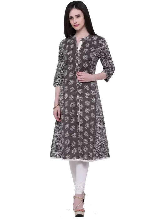 Grey Printed Cotton A-line Divena Kurta For Women