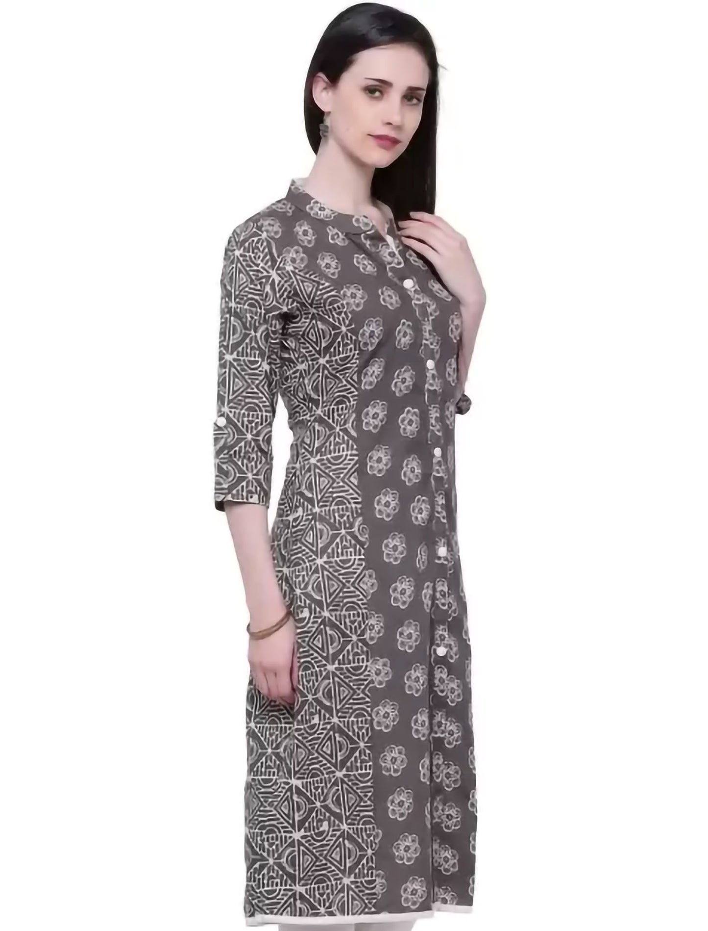 Grey Printed Cotton A-line Divena Kurta For Women