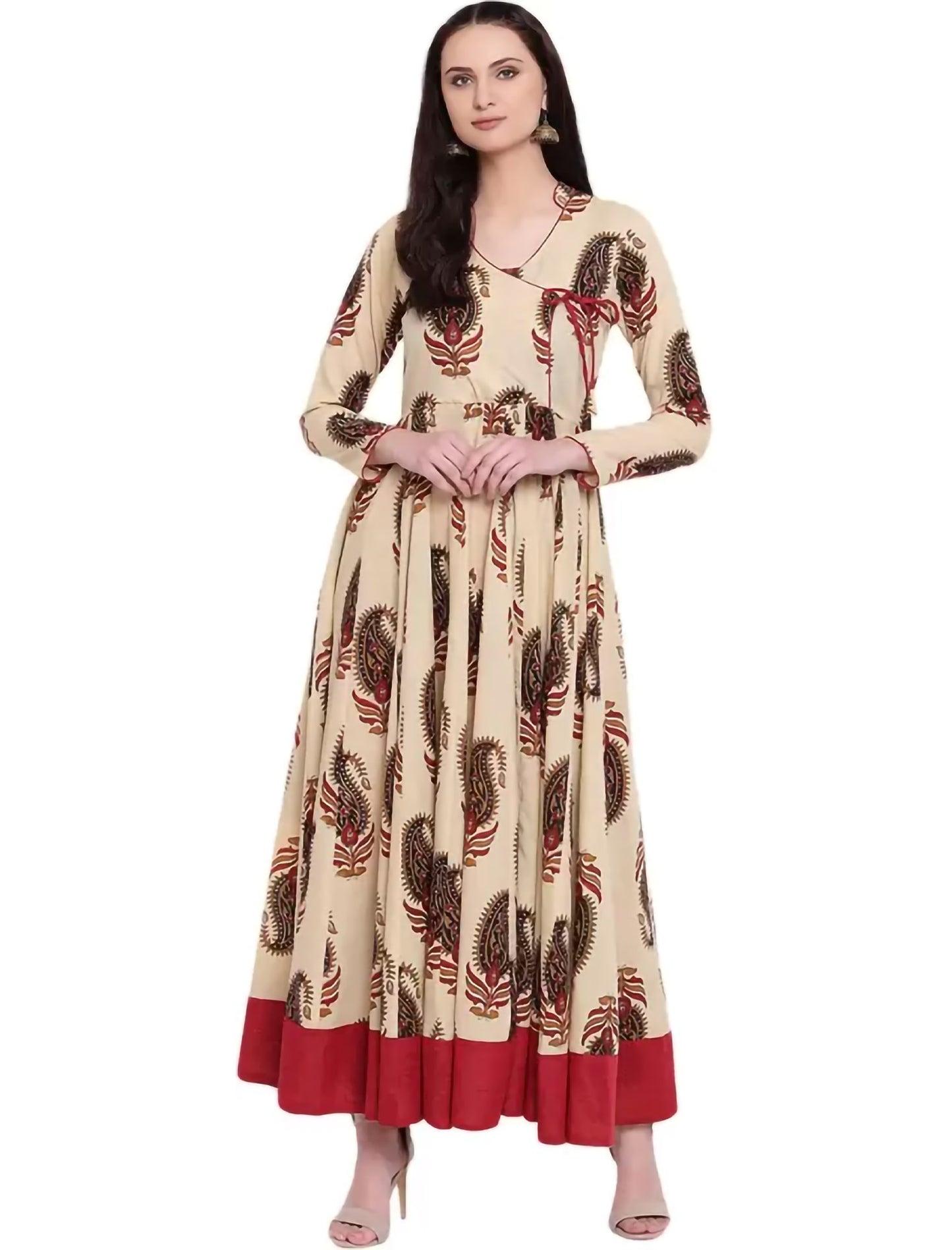 Beige Cream V-Neck Paisley Printed Anarkali Divena Kurta For Women