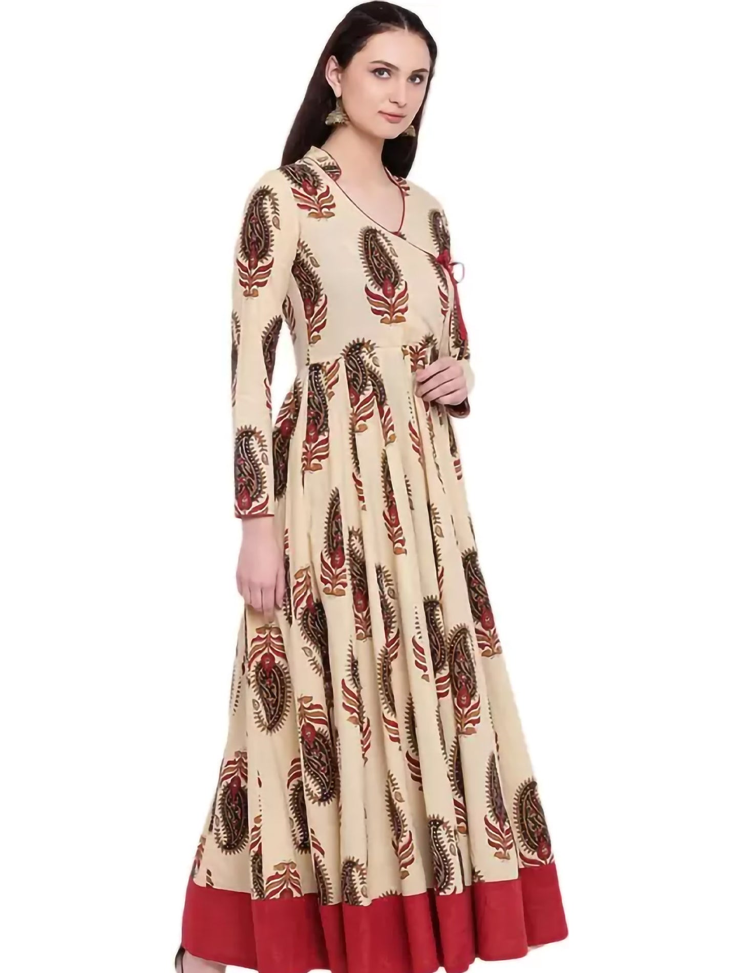 Beige Cream V-Neck Paisley Printed Anarkali Divena Kurta For Women