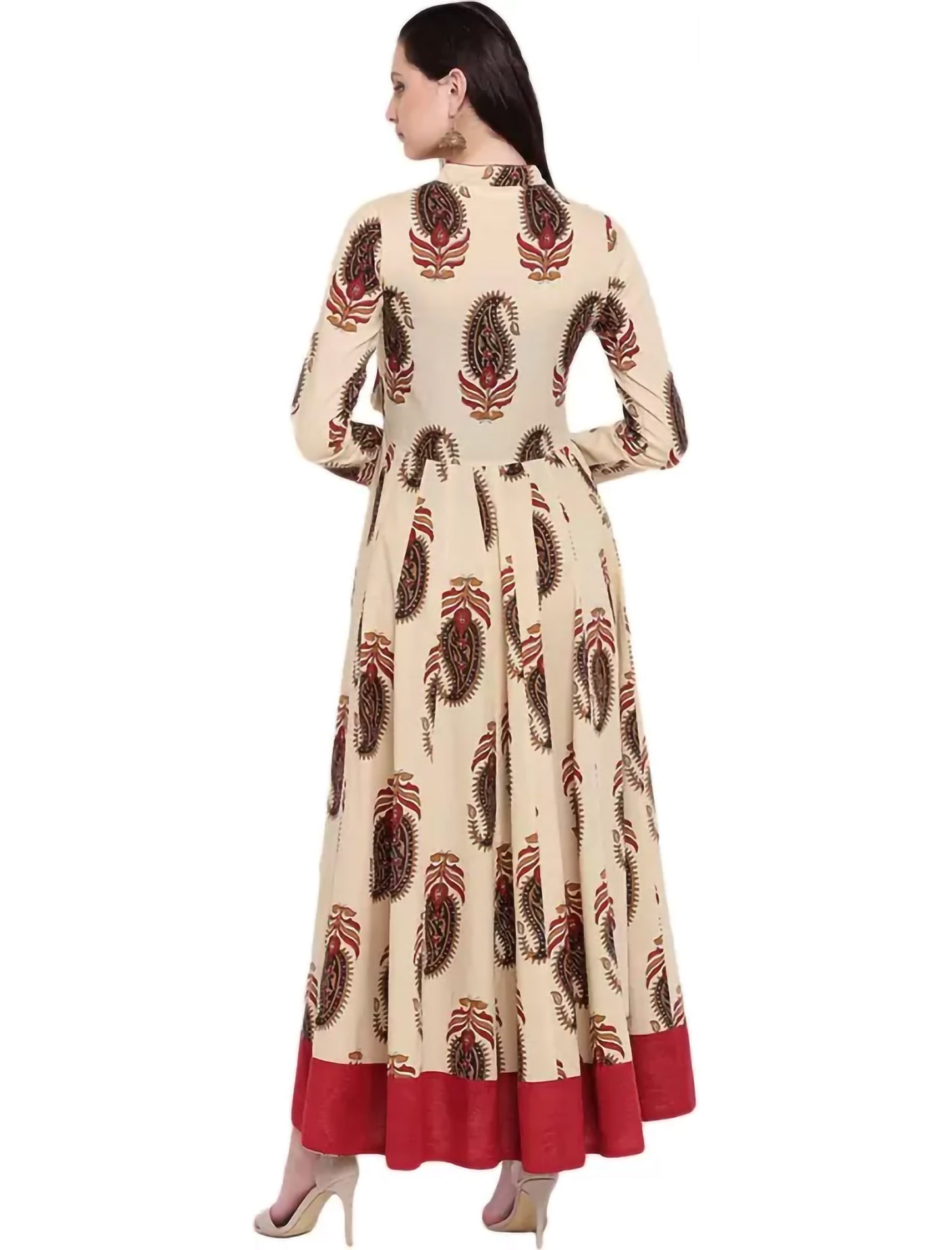 Beige Cream V-Neck Paisley Printed Anarkali Divena Kurta For Women