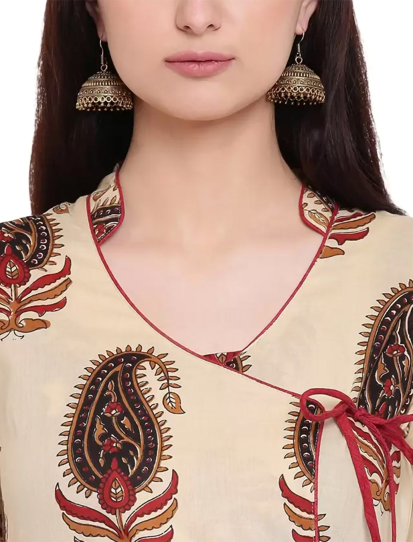 Beige Cream V-Neck Paisley Printed Anarkali Divena Kurta For Women