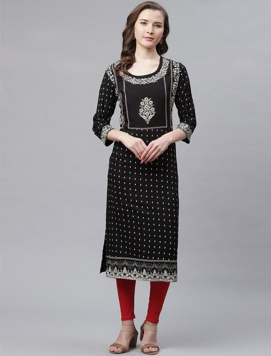Black Beads And Stones Floral Printed Divena Kurta For Women