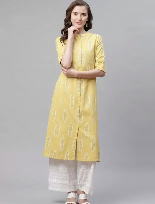 Yellow & White Printed A-Line Divena Kurta For Women