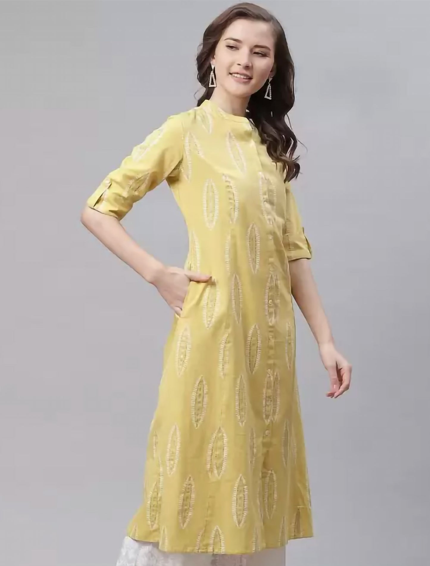 Yellow & White Printed A-Line Divena Kurta For Women