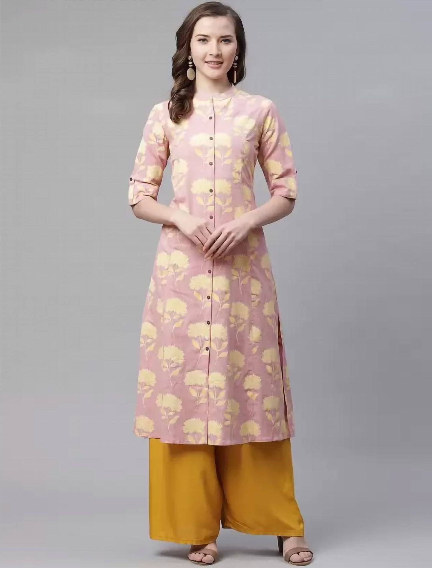 Pink & Beige Floral Printed Cotton Divena Kurta For Women