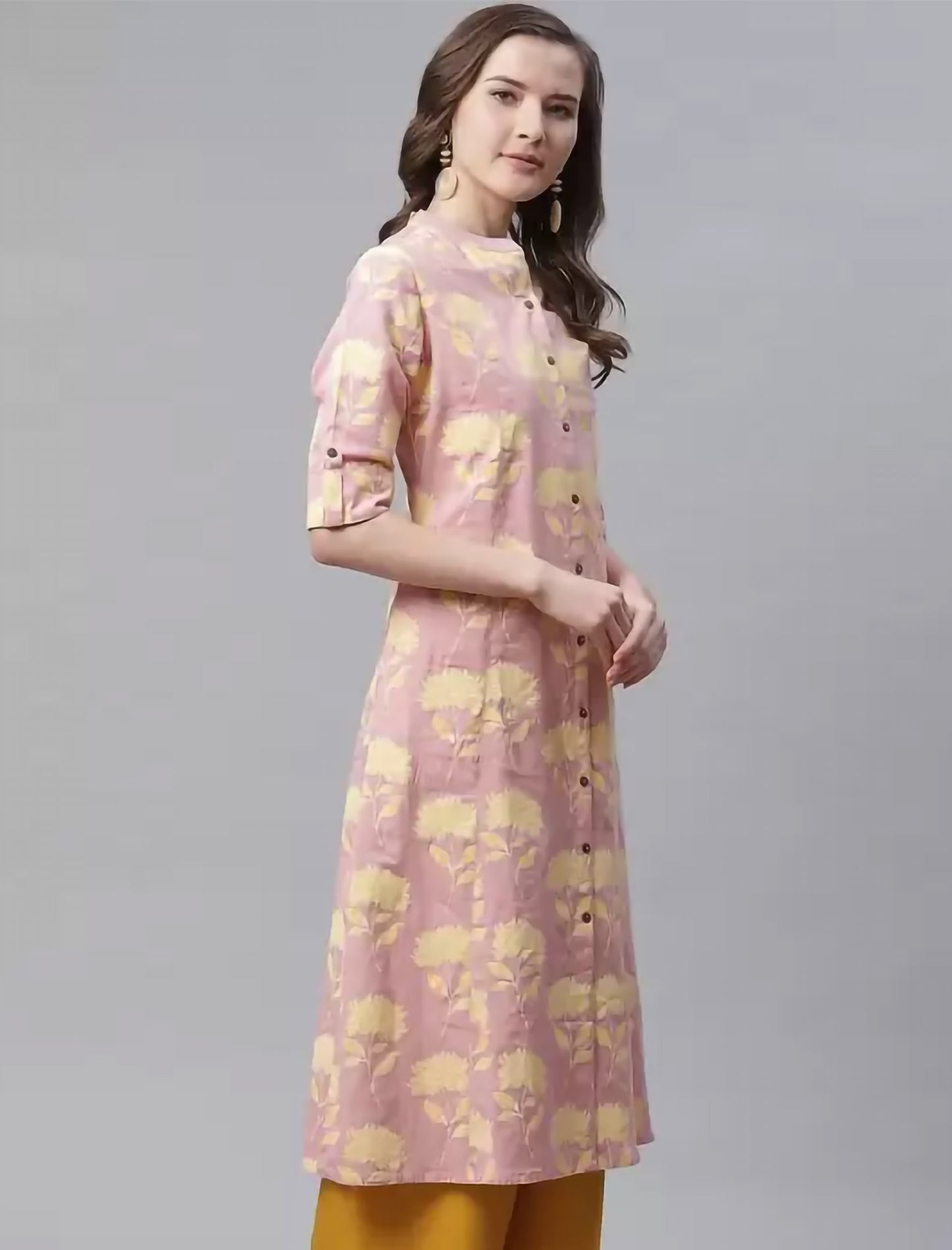 Pink & Beige Floral Printed Cotton Divena Kurta For Women