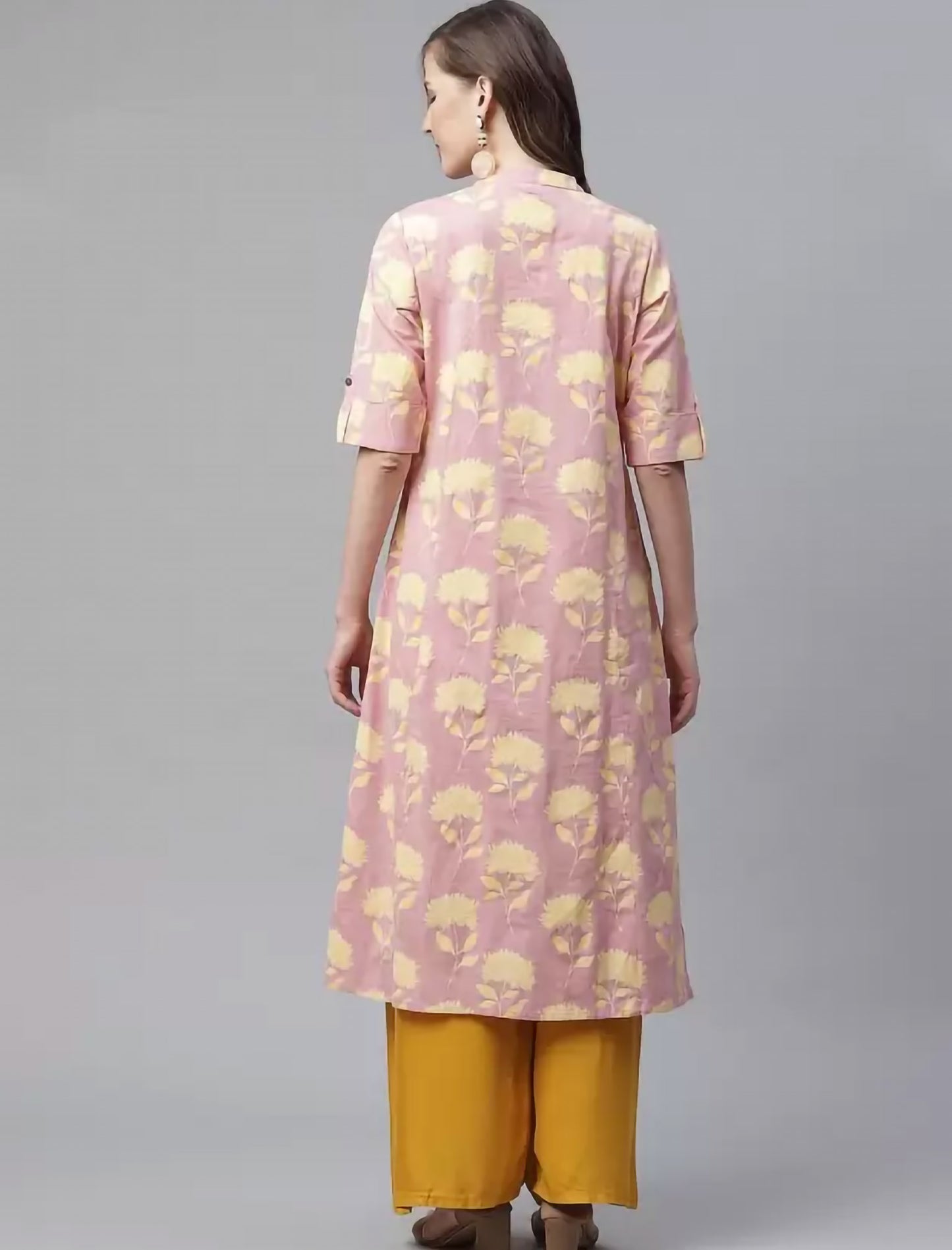 Pink & Beige Floral Printed Cotton Divena Kurta For Women