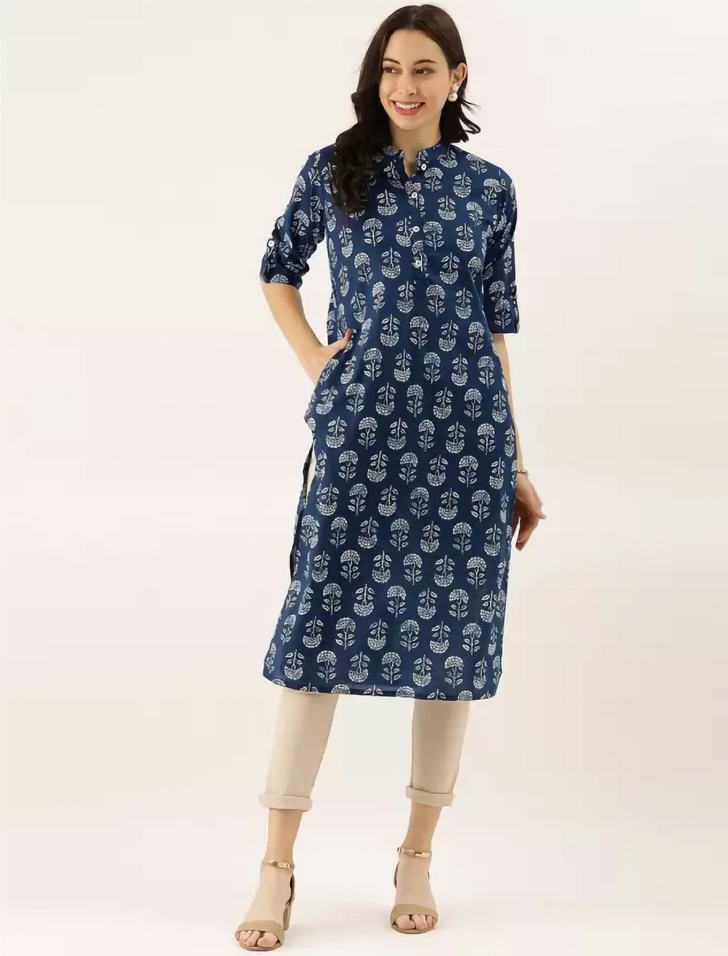 Navy Blue Ethnic Motifs Printed Divena Kurta For Women