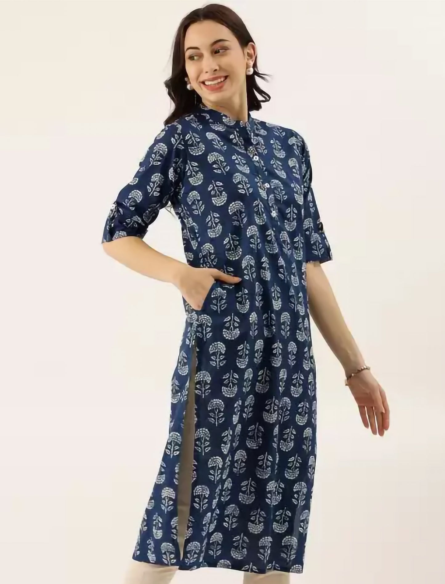 Navy Blue Ethnic Motifs Printed Divena Kurta For Women