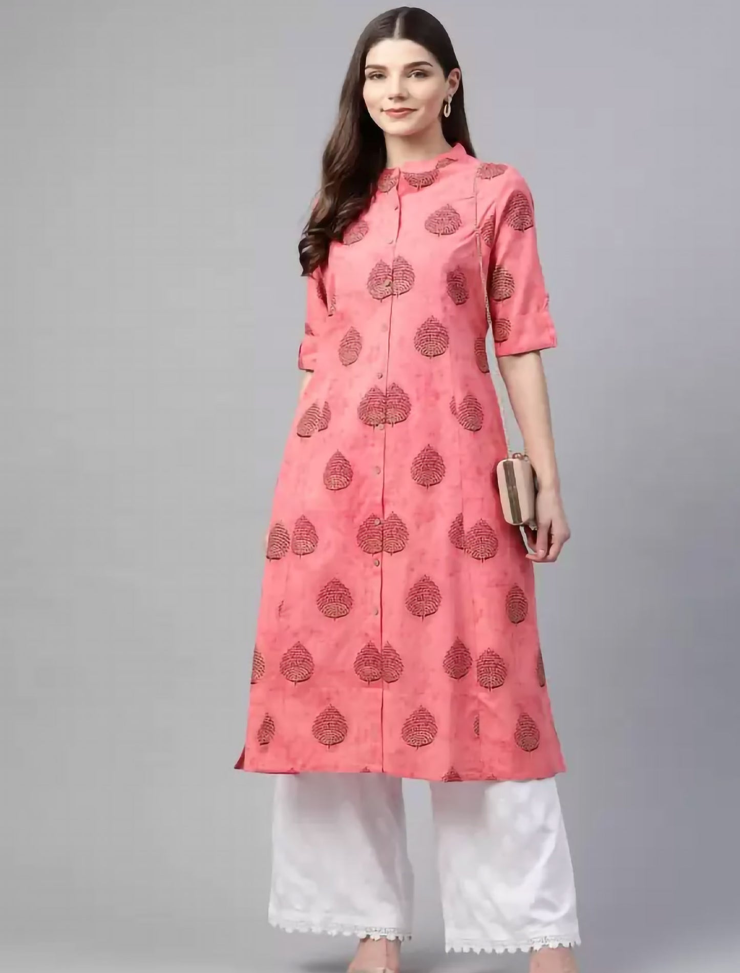 Pink Floral Printed Cotton Divena Kurta For Women