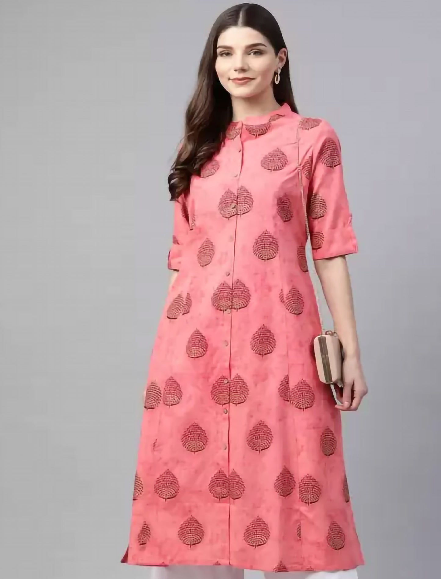 Pink Floral Printed Cotton Divena Kurta For Women