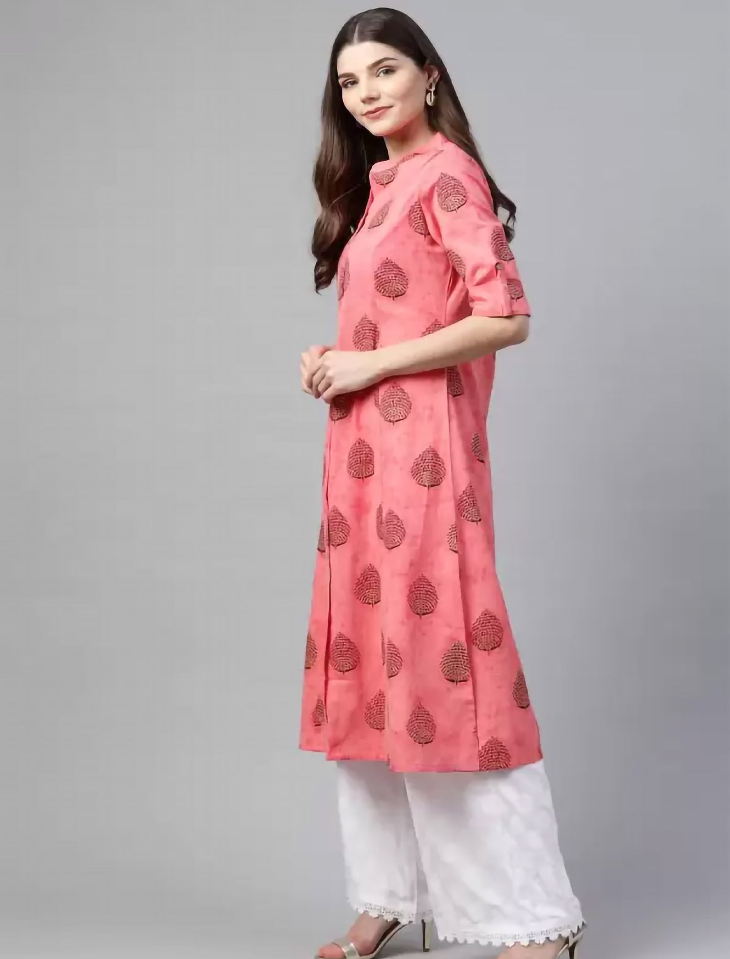 Pink Floral Printed Cotton Divena Kurta For Women