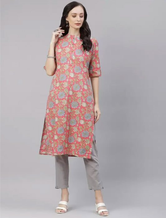 Pink Floral Printed Cotton Divena Kurta For Women