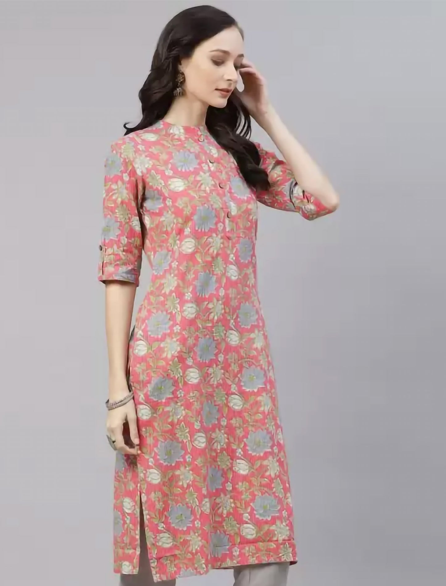 Pink Floral Printed Cotton Divena Kurta For Women