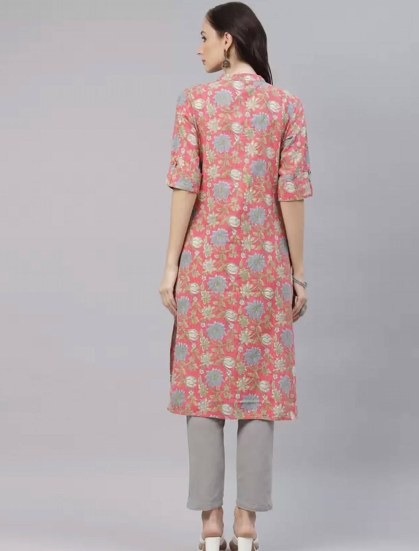 Pink Floral Printed Cotton Divena Kurta For Women