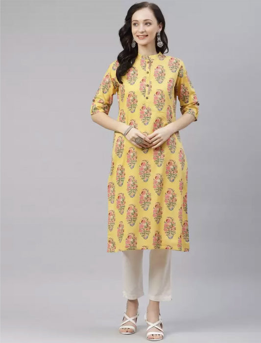 Yellow & Pink Floral Printed Divena Kurta For Women