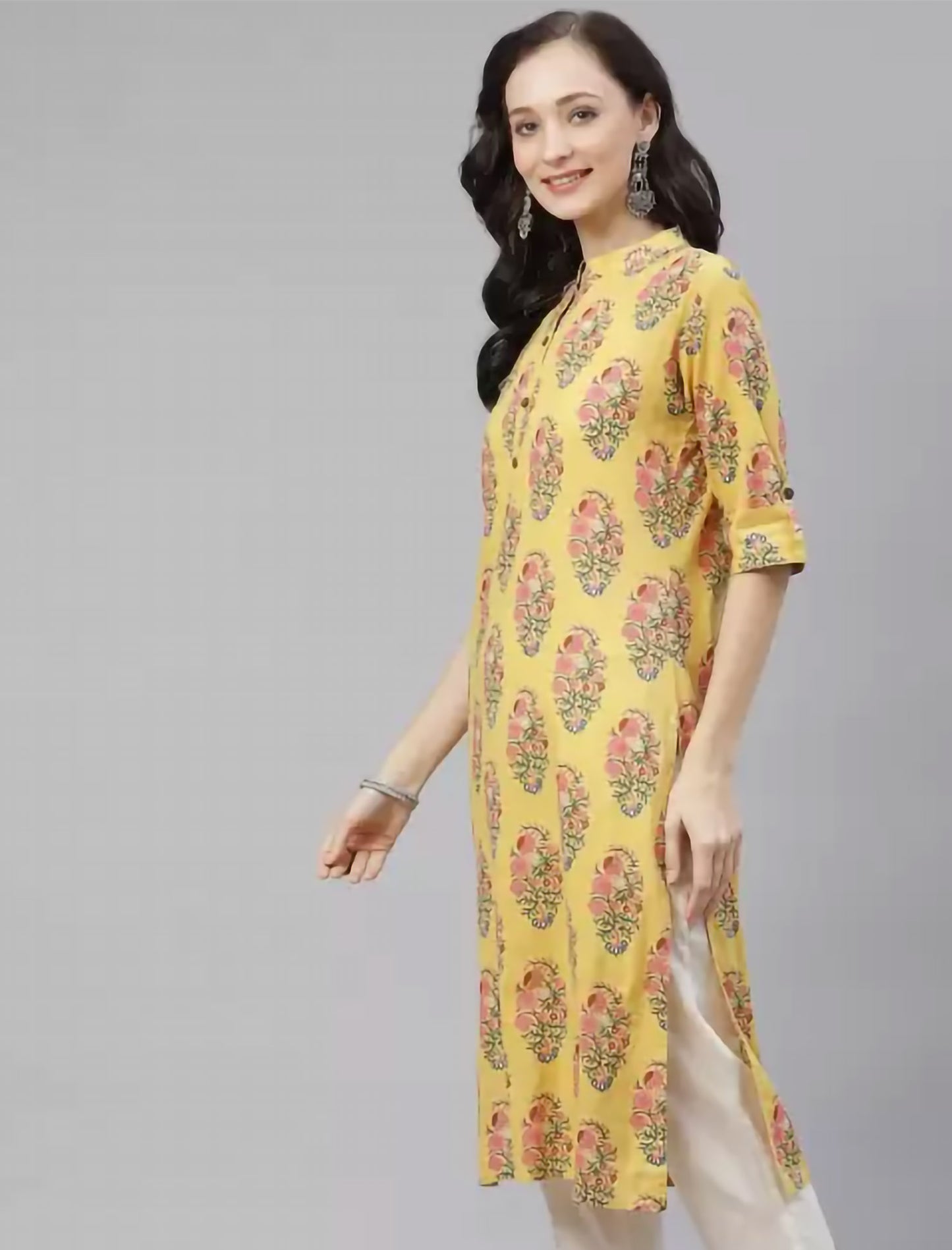 Yellow & Pink Floral Printed Divena Kurta For Women