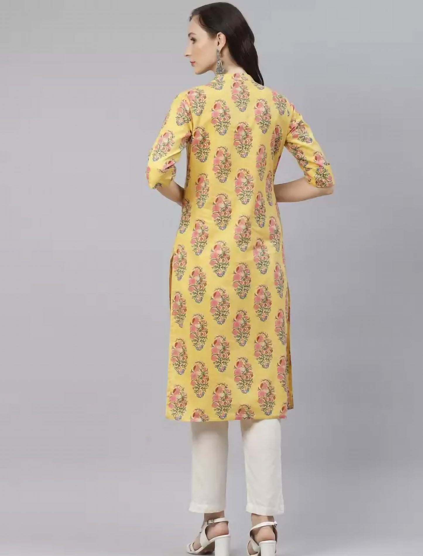 Yellow & Pink Floral Printed Divena Kurta For Women