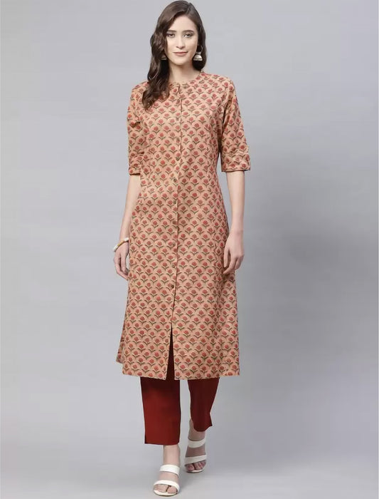 Peach-Coloured Floral Printed Divena Kurta For Women