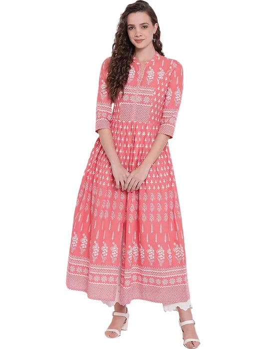 Pink & White Printed Anarkali Divena Kurta For Women